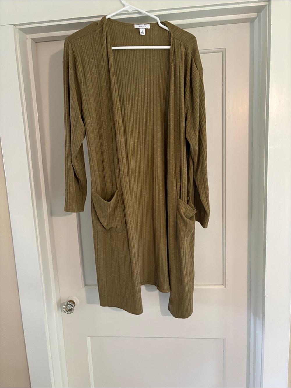 Nine West Olive Green Ribbed Open-Front Long Cardigan